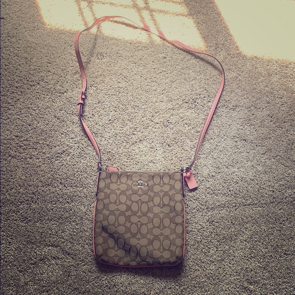 Cross body tan and pink coach purse